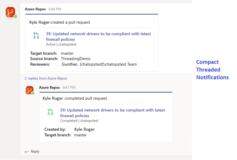 Notifiche correlate alla richiesta pull nell'app Azure Repos per Microsoft Teams.