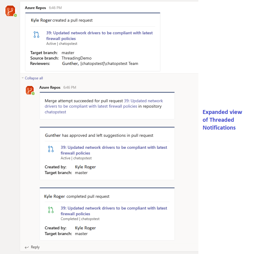 Notifiche correlate alla pull request collegate insieme nell'app Azure Repos.