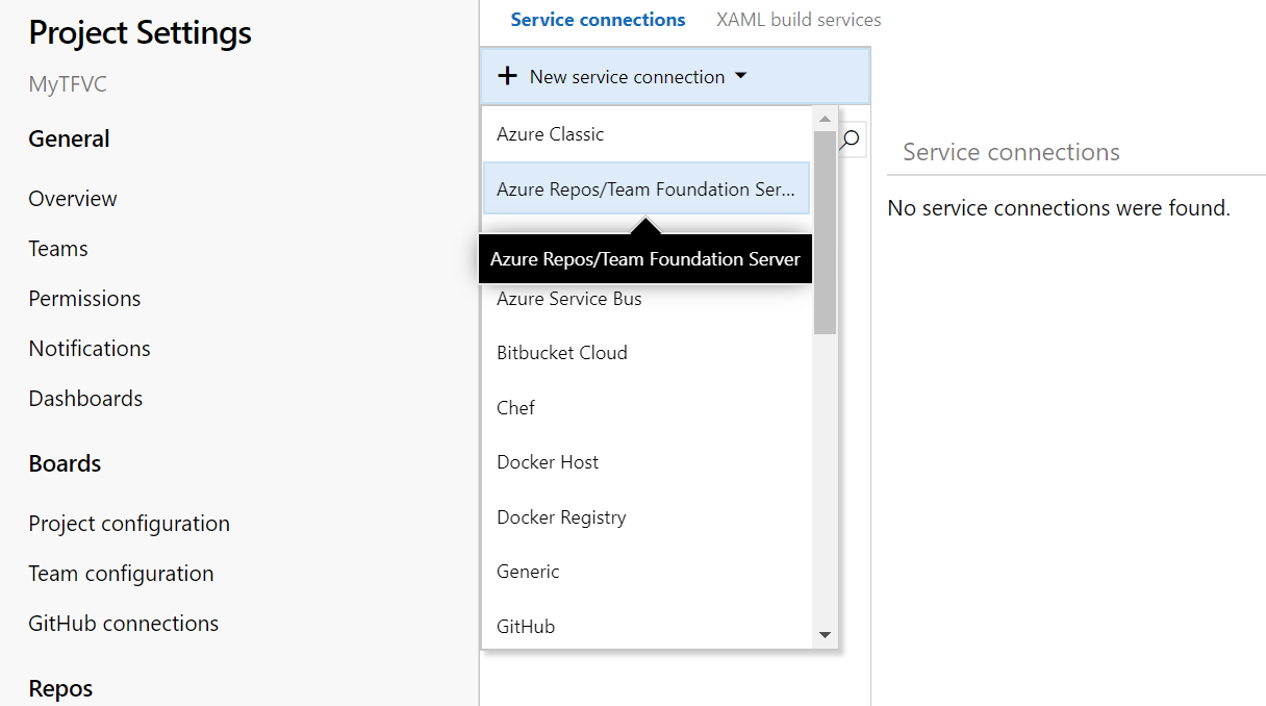 MyServiceConnection deve essere una connessione al servizio Azure Repos/Team Foundation Server.