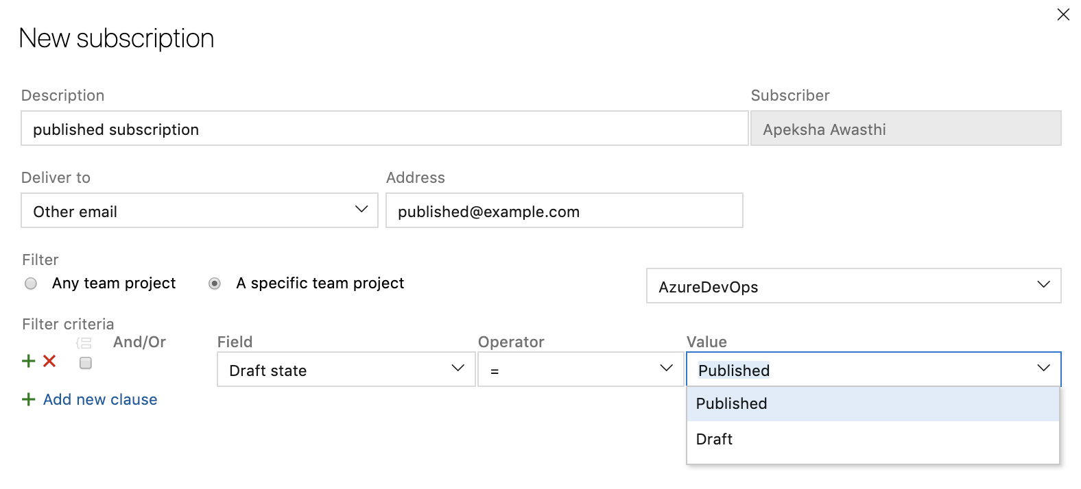 Sottoscrizione personalizzata di notifiche per pull request in bozza.