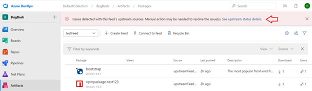 Freccia rossa nella pagina dei dettagli del feed Azure Artifacts.