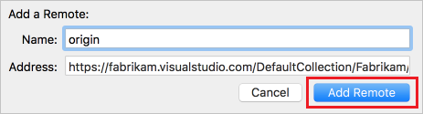 Screenshot che mostra come aggiungere un repository Git remoto al repository Git locale per il progetto Xcode per connettersi ad Azure DevOps Services.