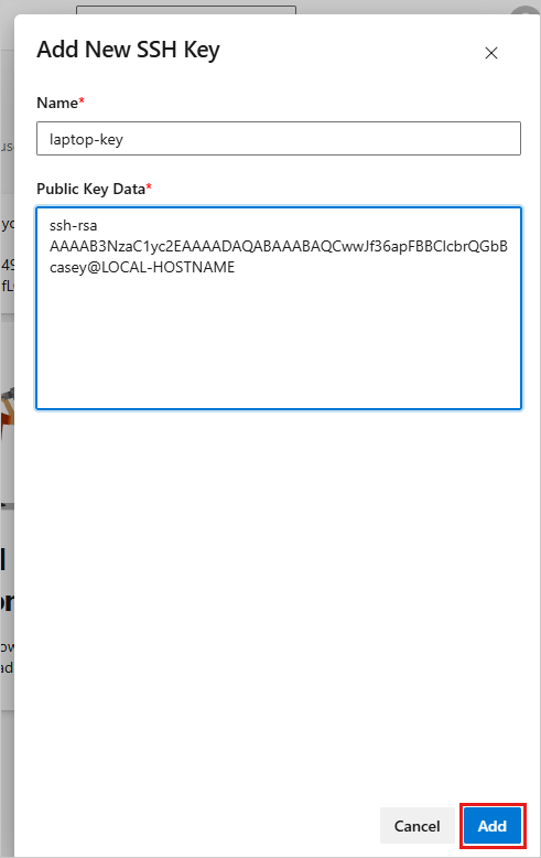 Screenshot che mostra la configurazione di una chiave pubblica in Azure DevOps.