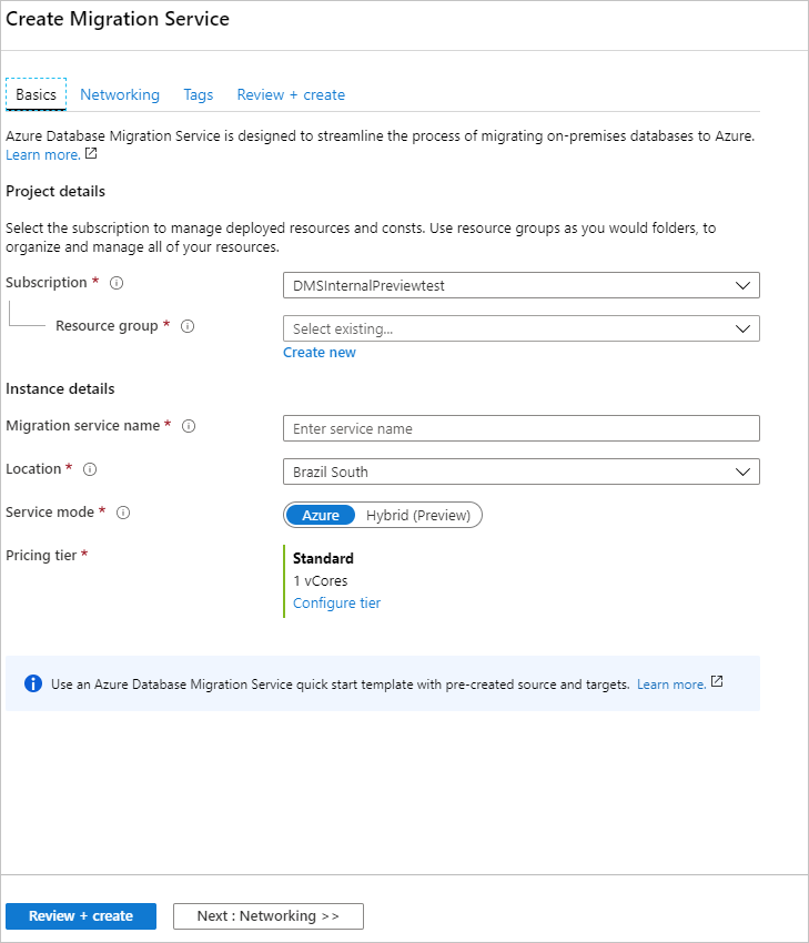 Screenshot che mostra la configurazione delle impostazioni dell'istanza del Servizio di migrazione del database Azure.