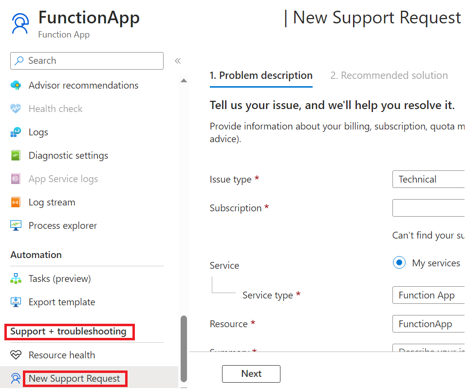 Screenshot della pagina della richiesta di supporto nella Azure portal.