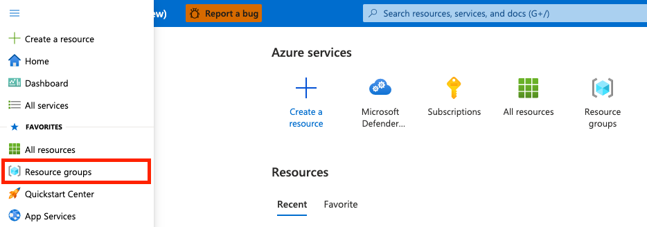 Screenshot che mostra l'opzione Gruppi di risorse evidenziata nella home page Azure.