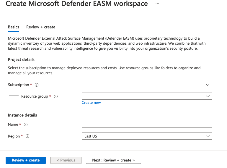 Screenshot che mostra la scheda Crea area di lavoro EASM di Microsoft Defender Informazioni di base.