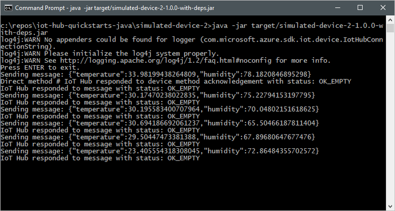 Screenshot di una finestra del terminale che mostra l'output dell'applicazione del dispositivo simulato.