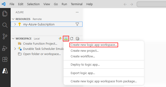 Screenshot mostra Visual Studio Code con la finestra Azure, la barra degli strumenti della sezione Area di lavoro e l'opzione selezionata per Creare una nuova area di lavoro per l'app per la logica.