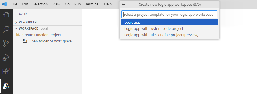 Screenshot che mostra il prompt per selezionare un modello di progetto con l'opzione selezionata per un'applicazione logica.