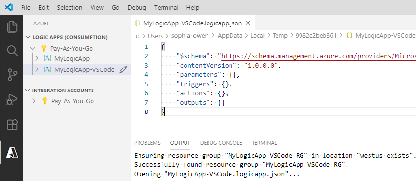 Screenshot che mostra la struttura per una definizione di un flusso di lavoro vuoto dell'app logica in un file JSON.