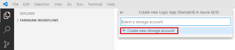 Screenshot che mostra il riquadro Azure: Logic Apps (Standard) e un prompt per creare o selezionare un account di archiviazione.