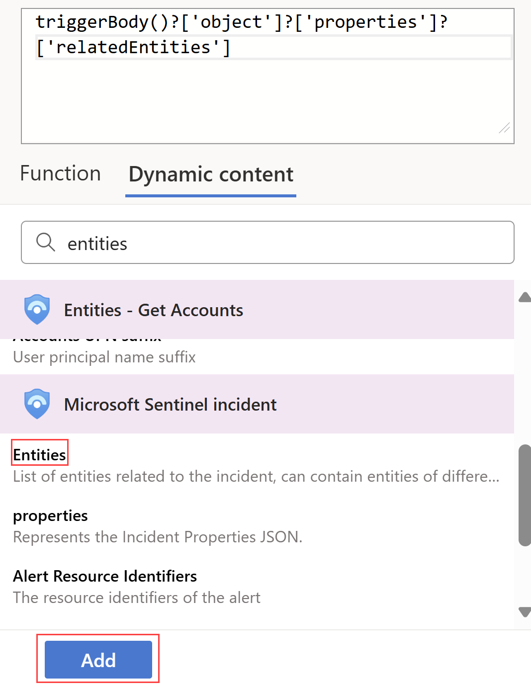 Screenshot della selezione del valore Entità nella finestra di progettazione app per la logica.