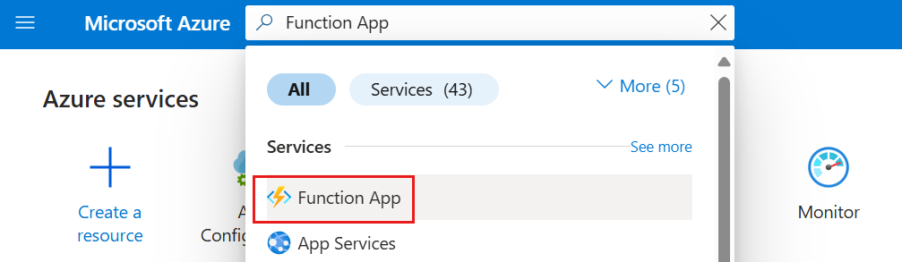 Screenshot del portale di Azure, selezionando Funzione App.