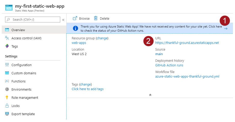 Screenshot della finestra di panoramica di App Web statiche di Azure.