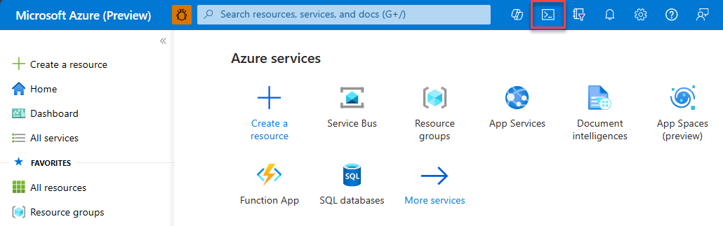 Screenshot dell'interfaccia della riga di comando di Azure Developer da Cloud Shell nel portale di Azure.