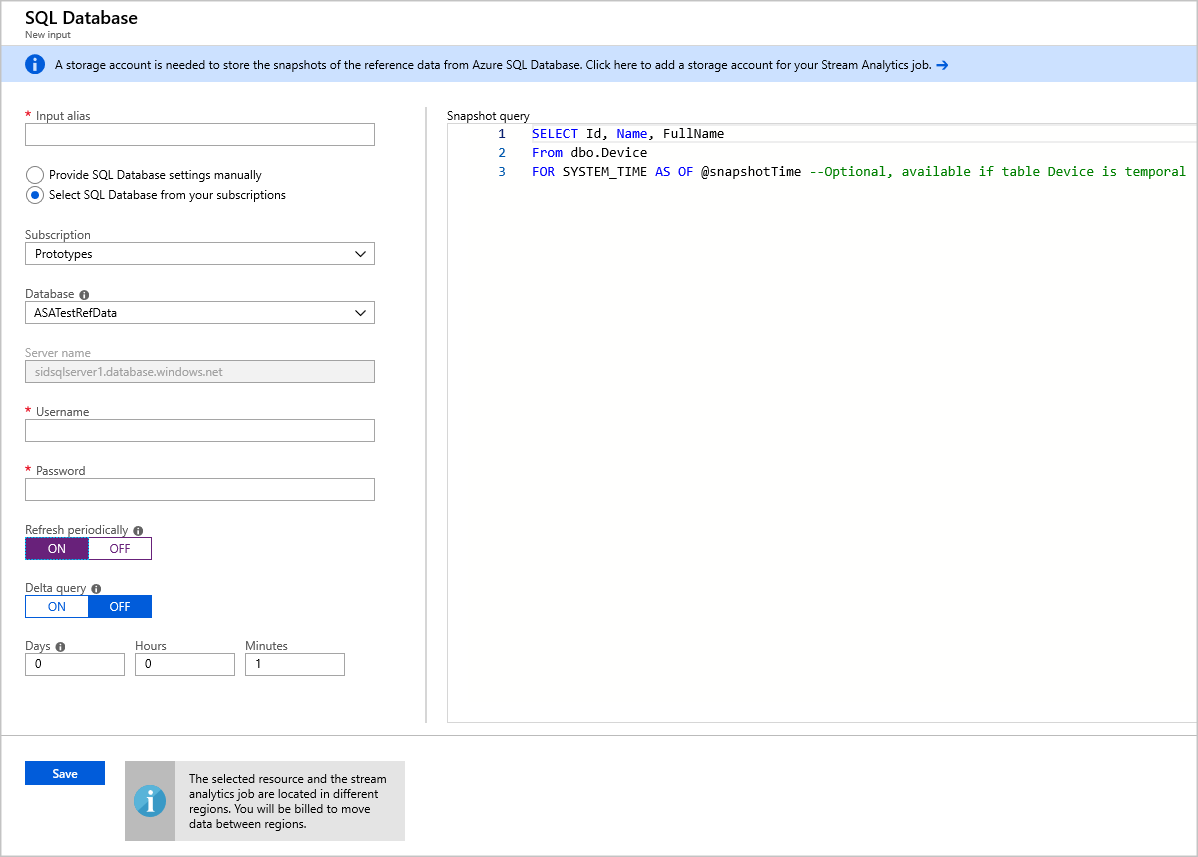 Screenshot della nuova pagina di input del database SQL con un modulo di configurazione nel pannello sinistro e una query snapshot nel pannello destro.