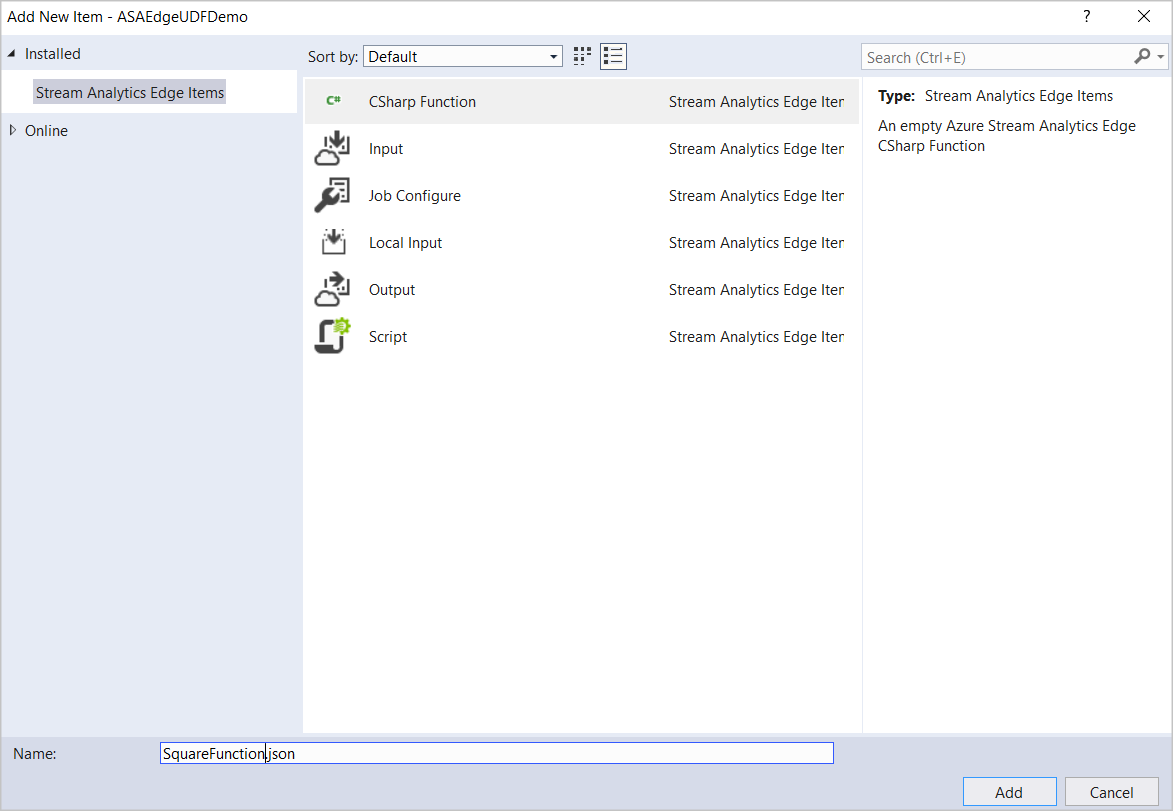 Screenshot della selezione di una funzione C# dagli elementi Edge di Stream Analytics in Visual Studio.