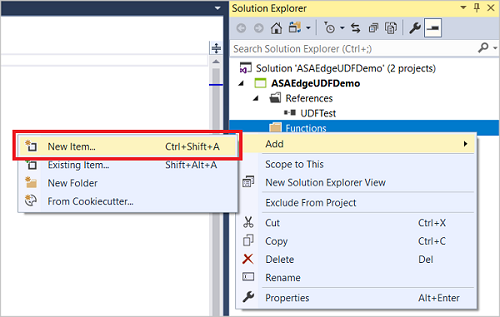Screenshot dell'aggiunta di un nuovo elemento alle Funzioni in una soluzione Analisi di flusso di Azure Edge.