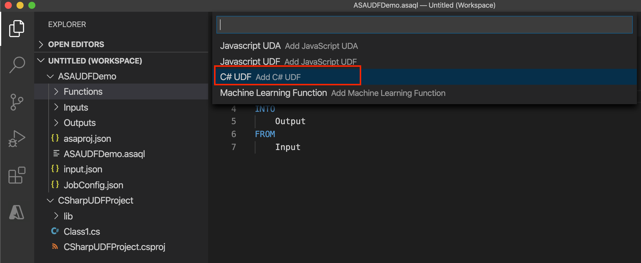 Screenshot della selezione di una funzione C# da un progetto Stream Analytics in VS Code.