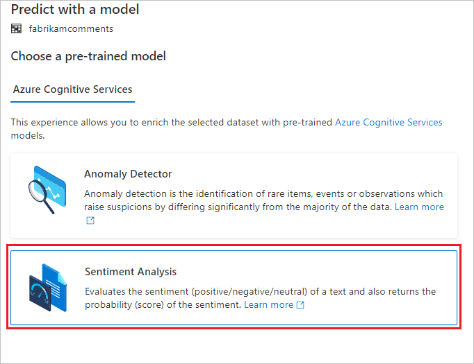 Screenshot che mostra la selezione di un modello di analisi del sentiment preaddestrato.