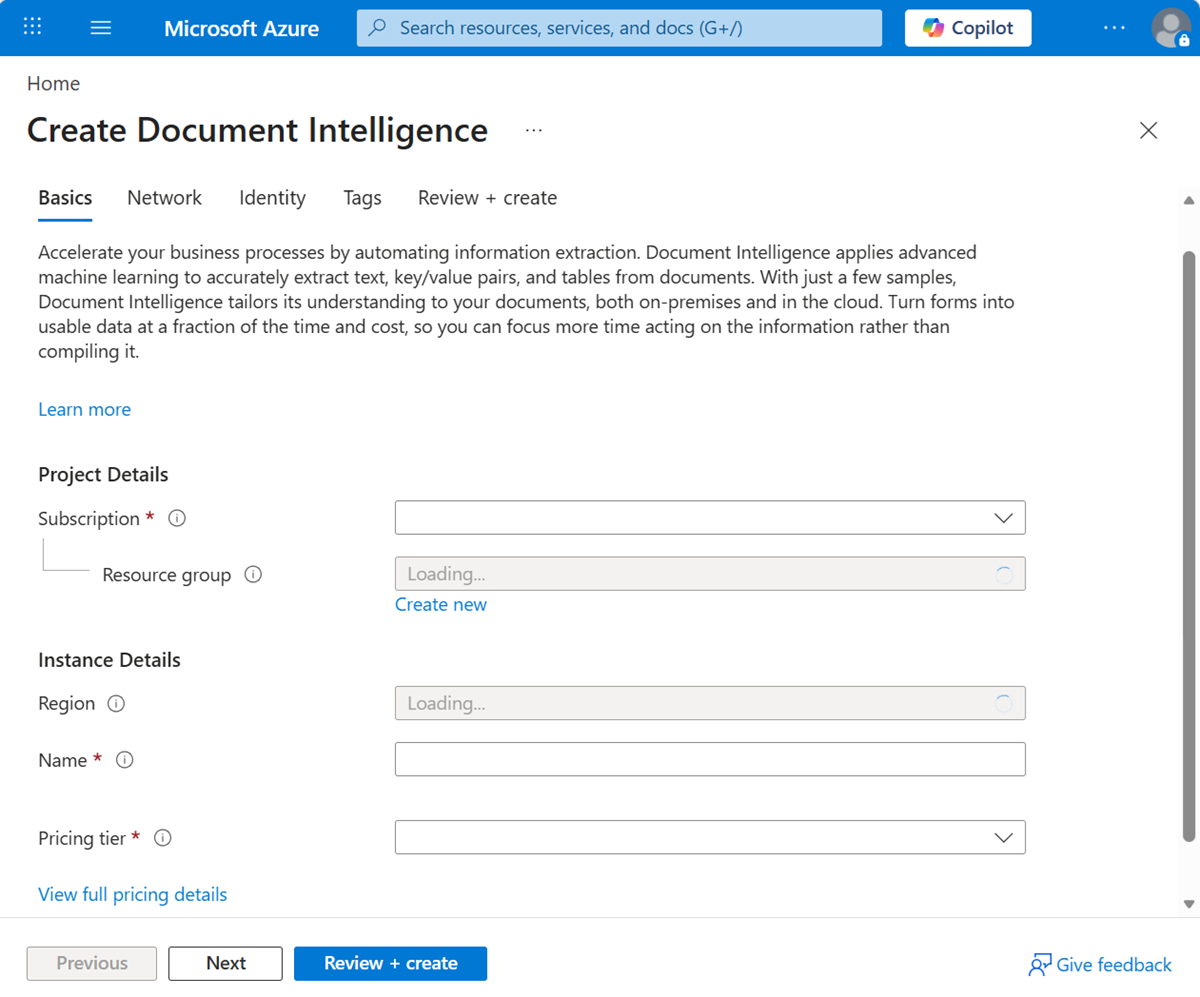 Screenshot che mostra Document Intelligence nel portale con il pulsante Crea.