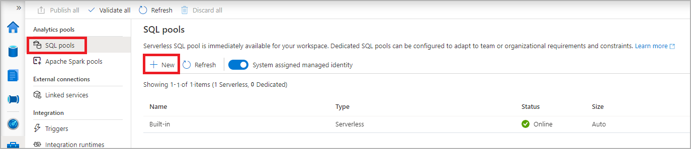 Screenshot dell'elenco dell'hub di gestione di Synapse Studio dei pool SQL.