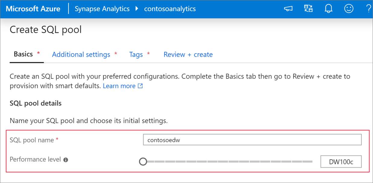 Screenshot del flusso di creazione dei pool SQL - scheda Informazioni di base.
