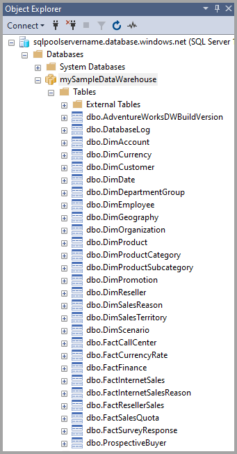 Una schermata di Esplora oggetti di SQL Server Management Studio che mostra gli oggetti del database.