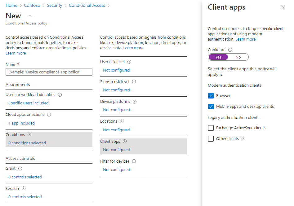 Screenshot della pagina App client per l'accesso condizionale. L'utente ha selezionato le app per dispositivi mobili e i client desktop e le caselle di controllo del browser.