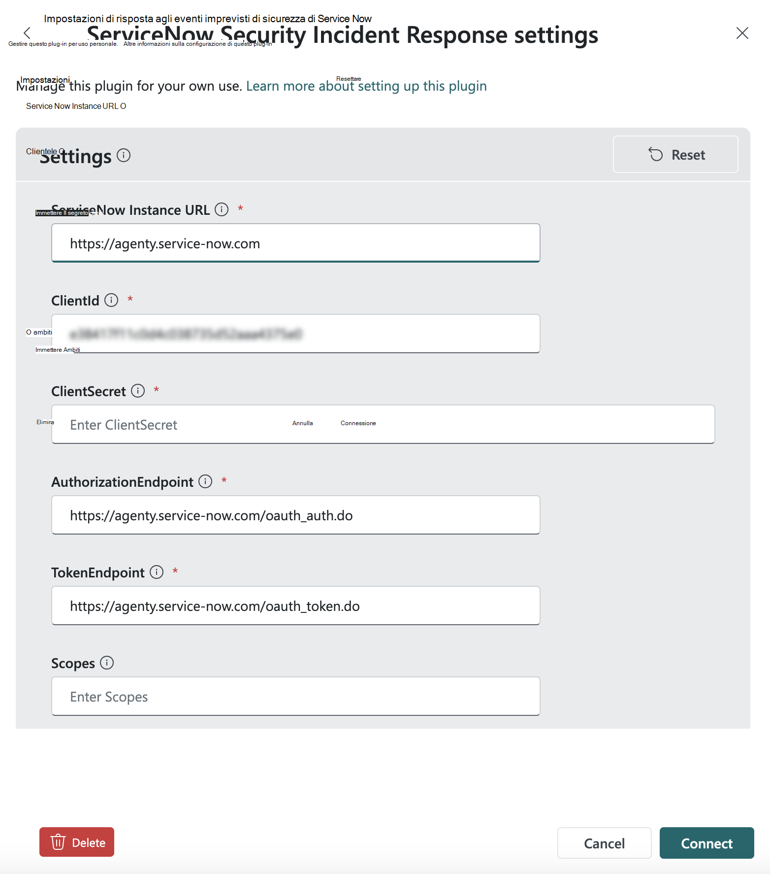 Screenshot della configurazione di ServiceNowSir.