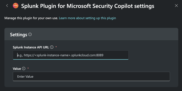Immagine delle impostazioni di splunk Security Copilot.