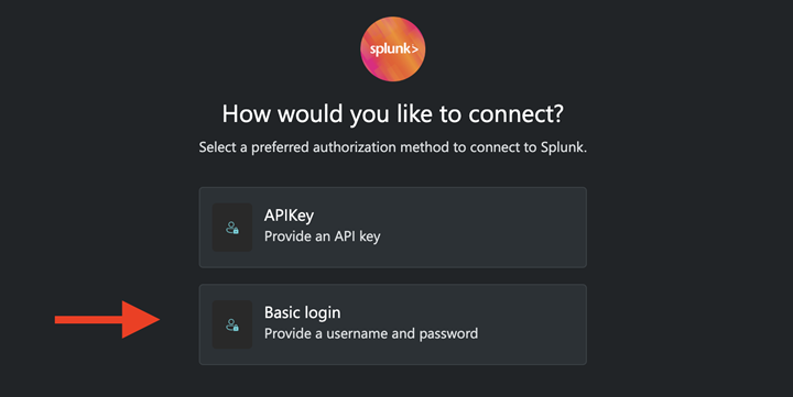 Immagine del metodo di accesso di base per connettere Splunk.