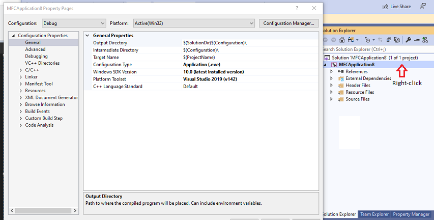 Screenshot della finestra Pagine delle proprietà del progetto.