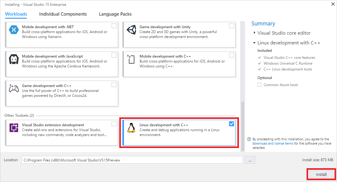 Screenshot che evidenzia l'elemento del carico di lavoro Sviluppo Visual C++ per Linux in Programma di installazione di Visual Studio.