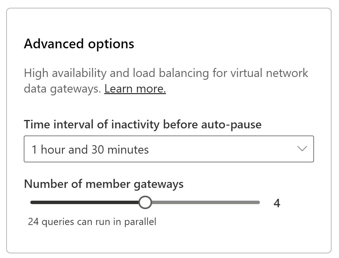 Screenshot delle opzioni avanzate del gateway VNet, con l'intervallo di tempo impostato su 1 ora 30 minuti e il numero di gateway impostato su 4.