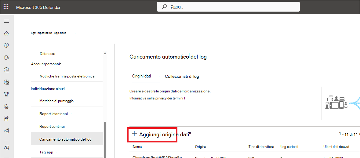 Screenshot della scheda Origini dati che mostra il pulsante Aggiungi origine dati nelle impostazioni di Cloud Discovery.