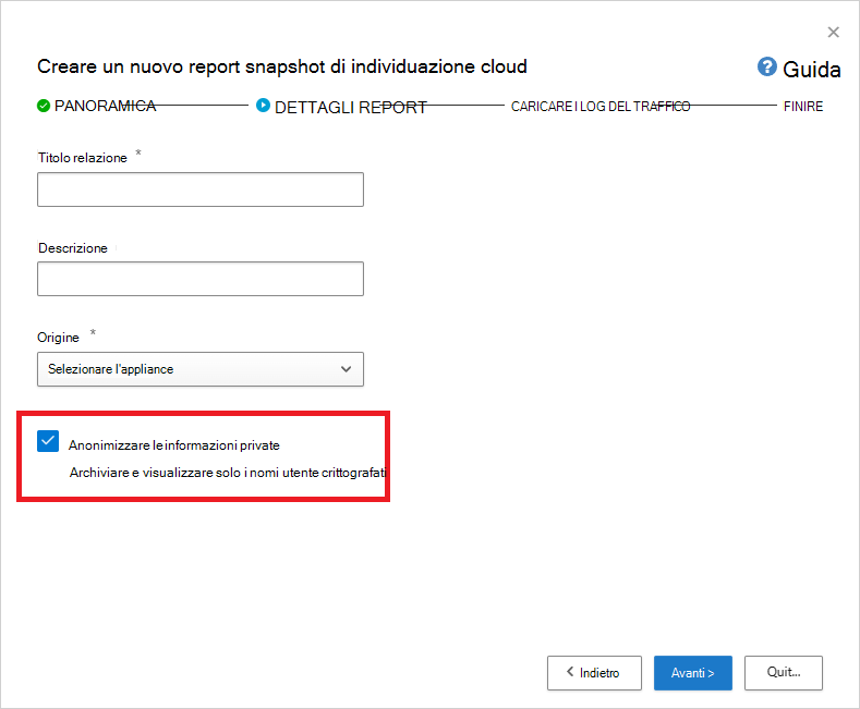 Screenshot dell'opzione per rendere anonime le informazioni private durante la creazione di un report snapshot.