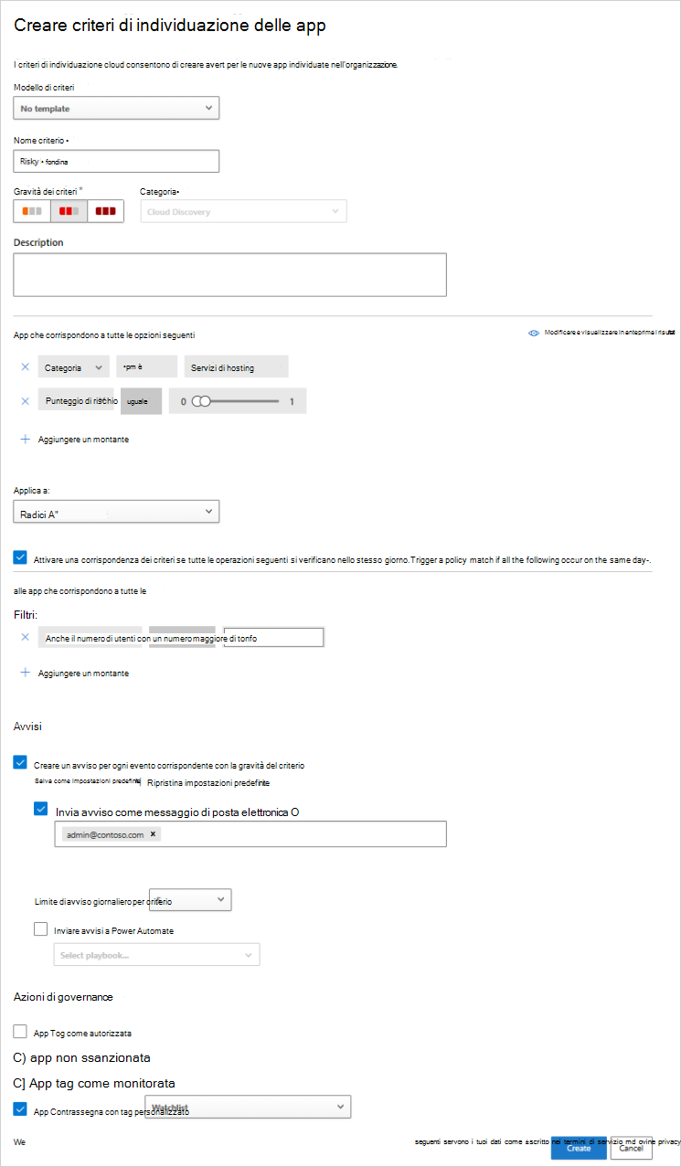 Screenshot delle impostazioni dei criteri di individuazione delle app che illustrano le opzioni di filtro e soglia per l'hosting di app rischiose.