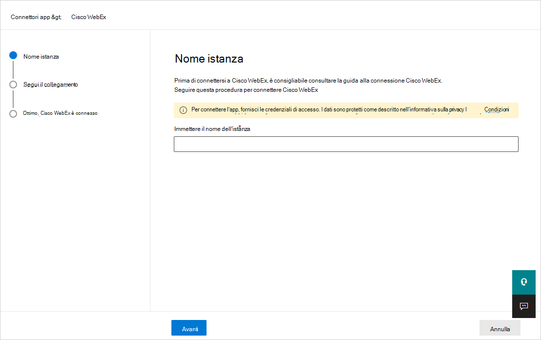 Schermata della finestra di dialogo del nome e della configurazione del connettore Cisco Webex in Defender for Cloud Apps.
