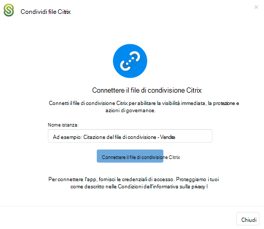 Schermata della finestra di dialogo del connettore Citrix ShareFile con il campo del nome dell’istanza.