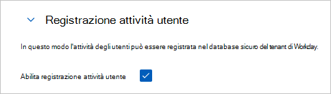 Screenshot della pagina di configurazione del tenant di Workday con l'opzione Abilita registrazione attività utente selezionata.