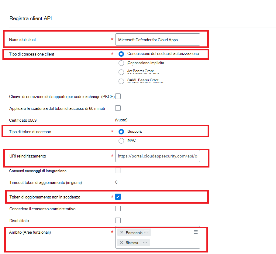 Schermata della pagina del client dell'API di registrazione di Workday con i campi nome client, tipo di autorizzazione e ambito.