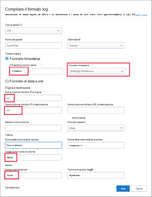 Schermata della finestra di dialogo del formato di log personalizzato, con i campi compilati.