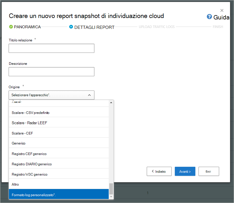 Schermata della finestra di dialogo Crea nuovo report snapshot di individuazione del cloud.