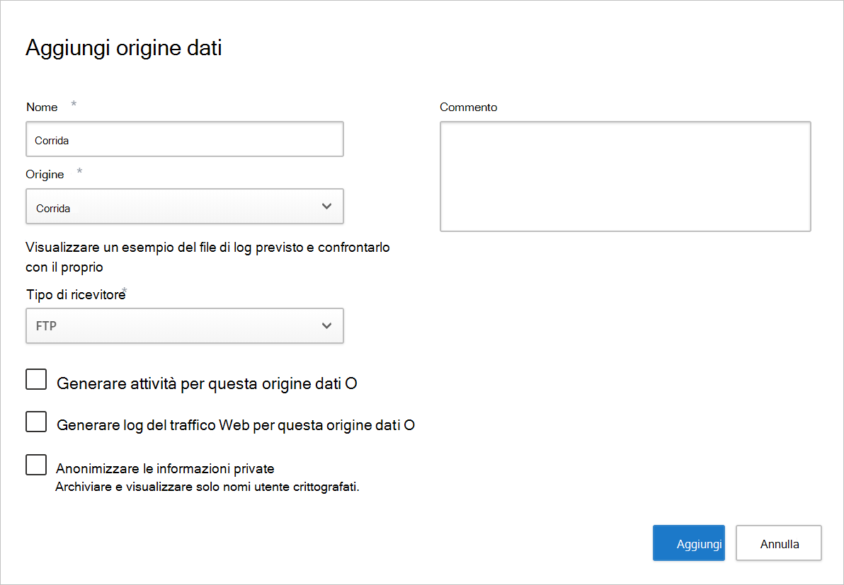 Screenshot della pagina Aggiungi sorgente dati con Corrata selezionato come fonte.