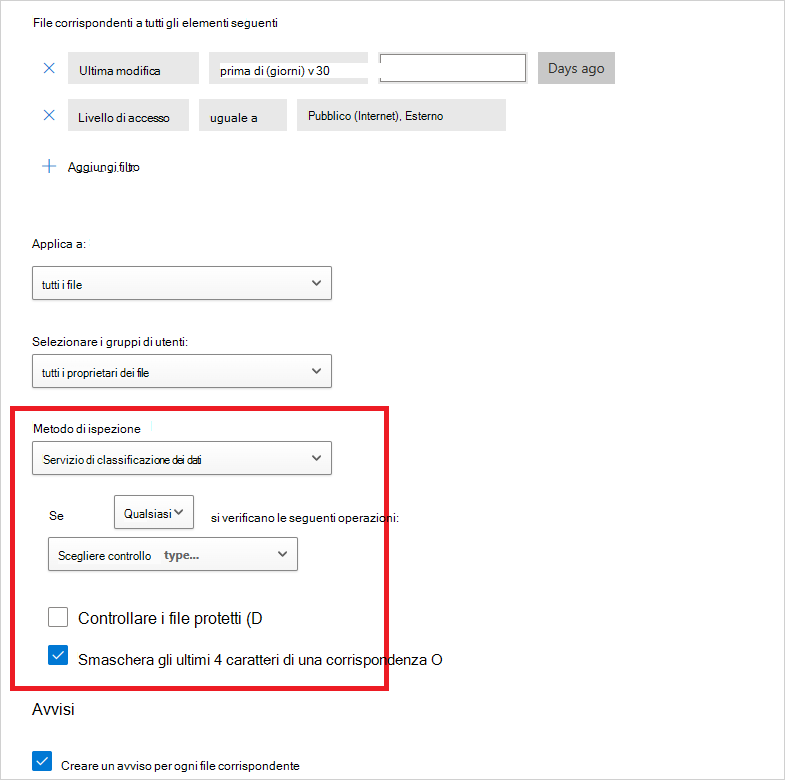 Impostazione del metodo di ispezione del servizio di classificazione dei dati nei criteri file.