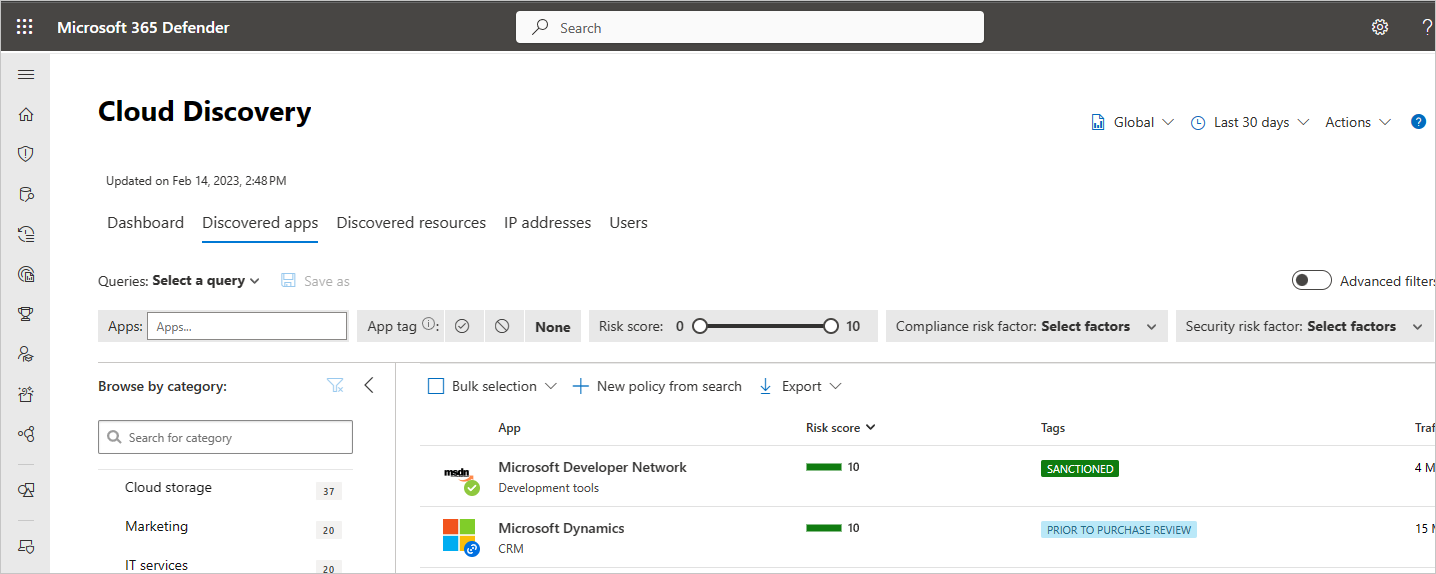 Screenshot delle opzioni di filtro delle app individuate in Microsoft Defender for Cloud Apps.
