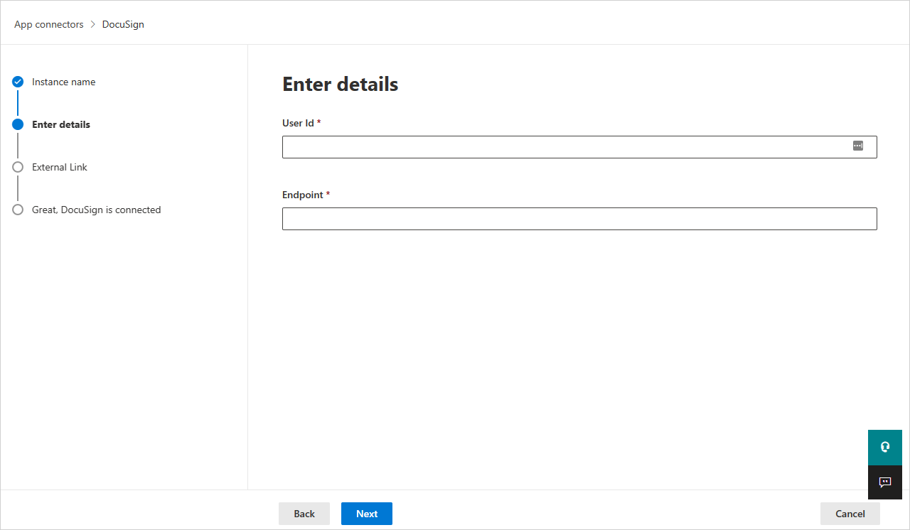 Screenshot dei campi per immettere i dettagli dell'ID utente e dell'endpoint DocuSign.