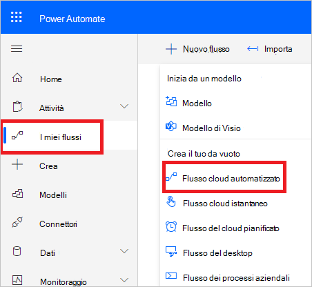 Screenshot del portale di Power Automate che mostra l'opzione Crea nuovo flusso.